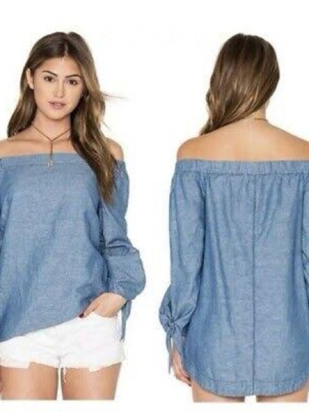 Free People Light Blue Off-Shoulder Chambray Top
